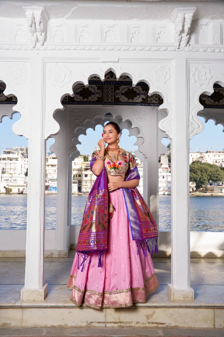Jacquard silk Lehenga in pink (skirt stitched)