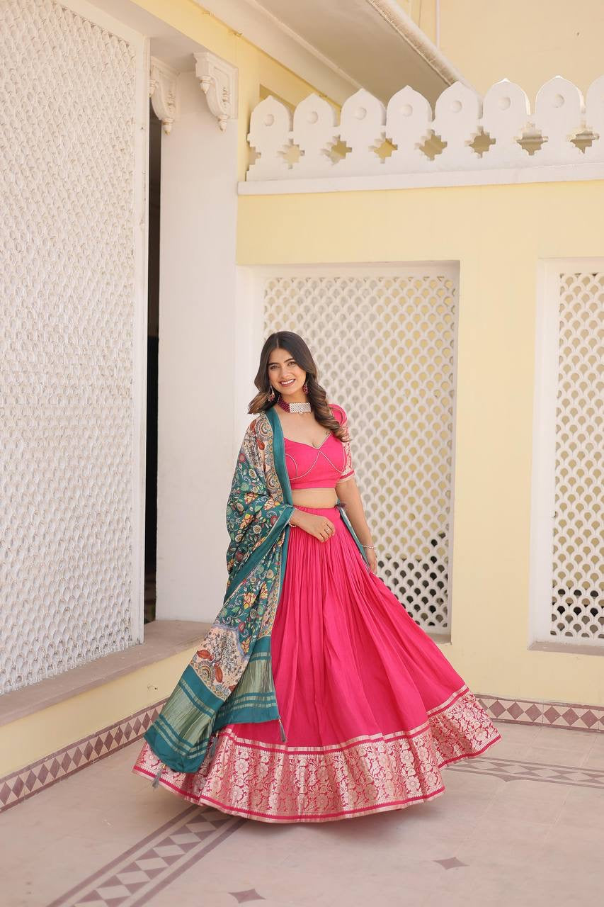 Viscose jacquard Lehenga with gaji silk dupatta in pink