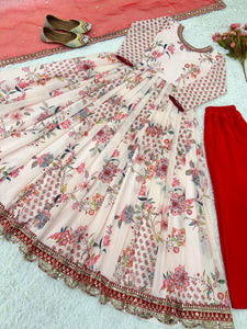 Off white and red toned florals readymade anarkali
