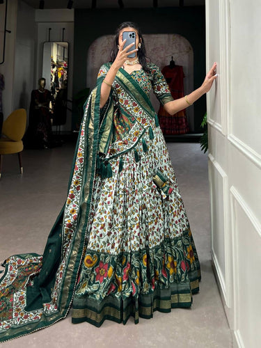 Tussar silk floral print contemporary Lehenga in green (skirt stitched)