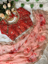 Peach and red mirror work floral saree