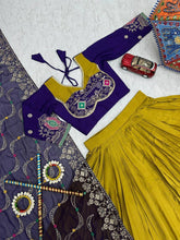 Mehendi and purple readymade chaniya choli (matching men’s kurta available £50)