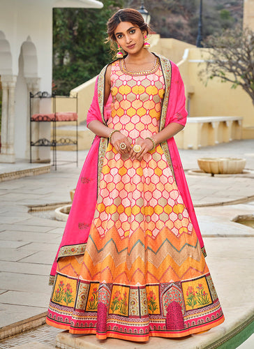 Yellow multicoloured embroidery and printed Dola silk gown