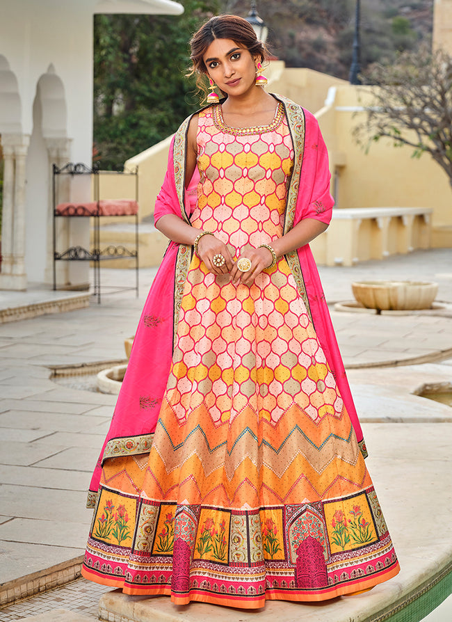 Yellow multicoloured embroidery and printed Dola silk gown