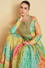 Multicoloured embroidered green muslin anarkali