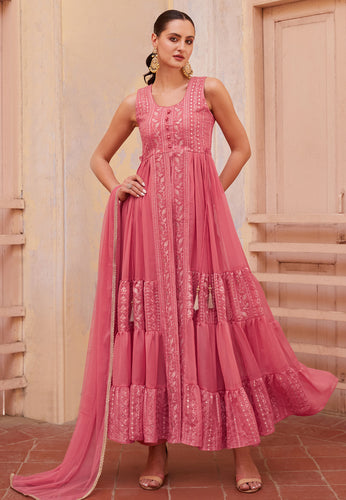 Pink georgette centre slit anarkali with pants