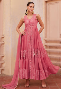 Pink georgette centre slit anarkali with pants