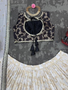 Black and off white jacquard Lehenga
