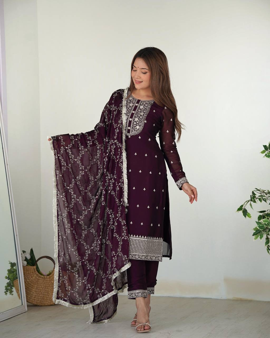 Wine rangoli silk straight fit salwaar kameez readymade