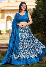 Tussar silk Lehenga in royal blue with white flowers