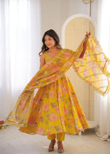 Yellow floral print kali cut anarkali suit