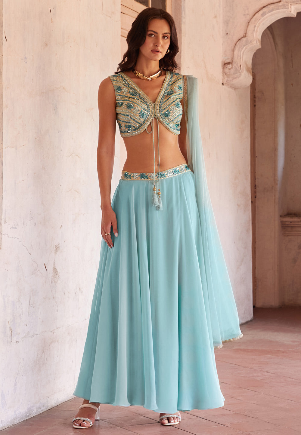 Sky blue A line georgette Lehenga with cape set - readymade