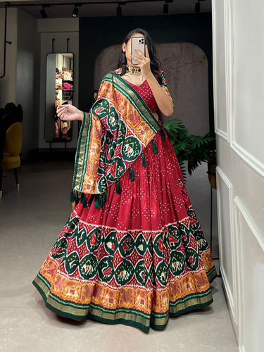 Tussar silk lehengas with bandhej and patola print (skirt stitched) - maroon