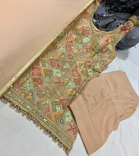 Pastel peach embroidered suit with trending farshi salwaar
