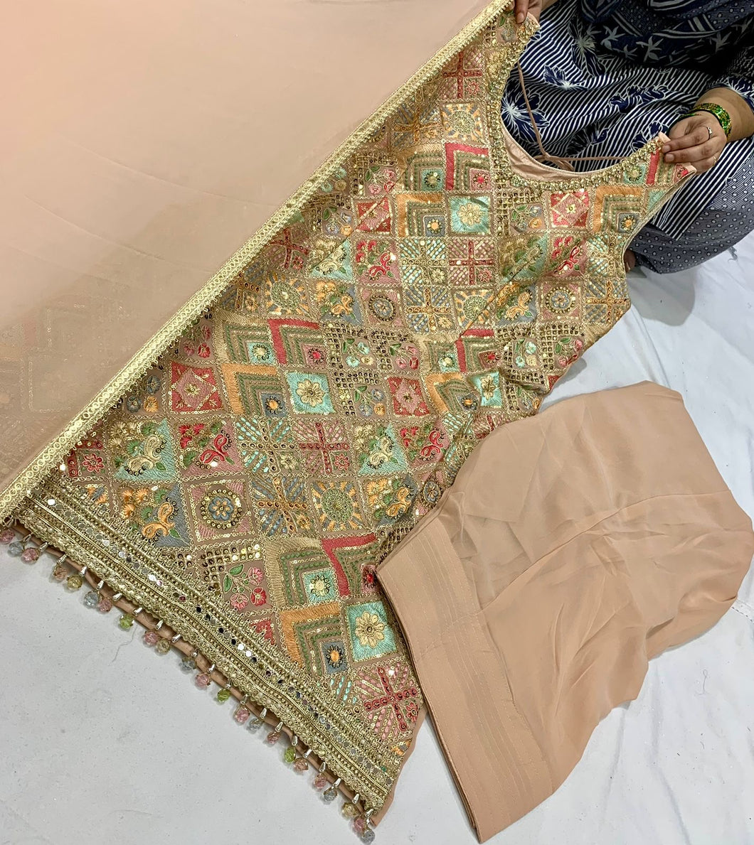 Pastel peach embroidered suit with trending farshi salwaar
