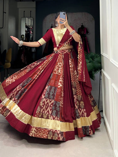 Rayon and Tussar silk gotta Patti plain and printed maroon readymade Lehenga