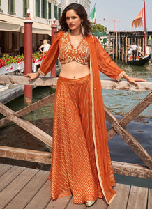 Rust jacquard silk embroidered palazzo set