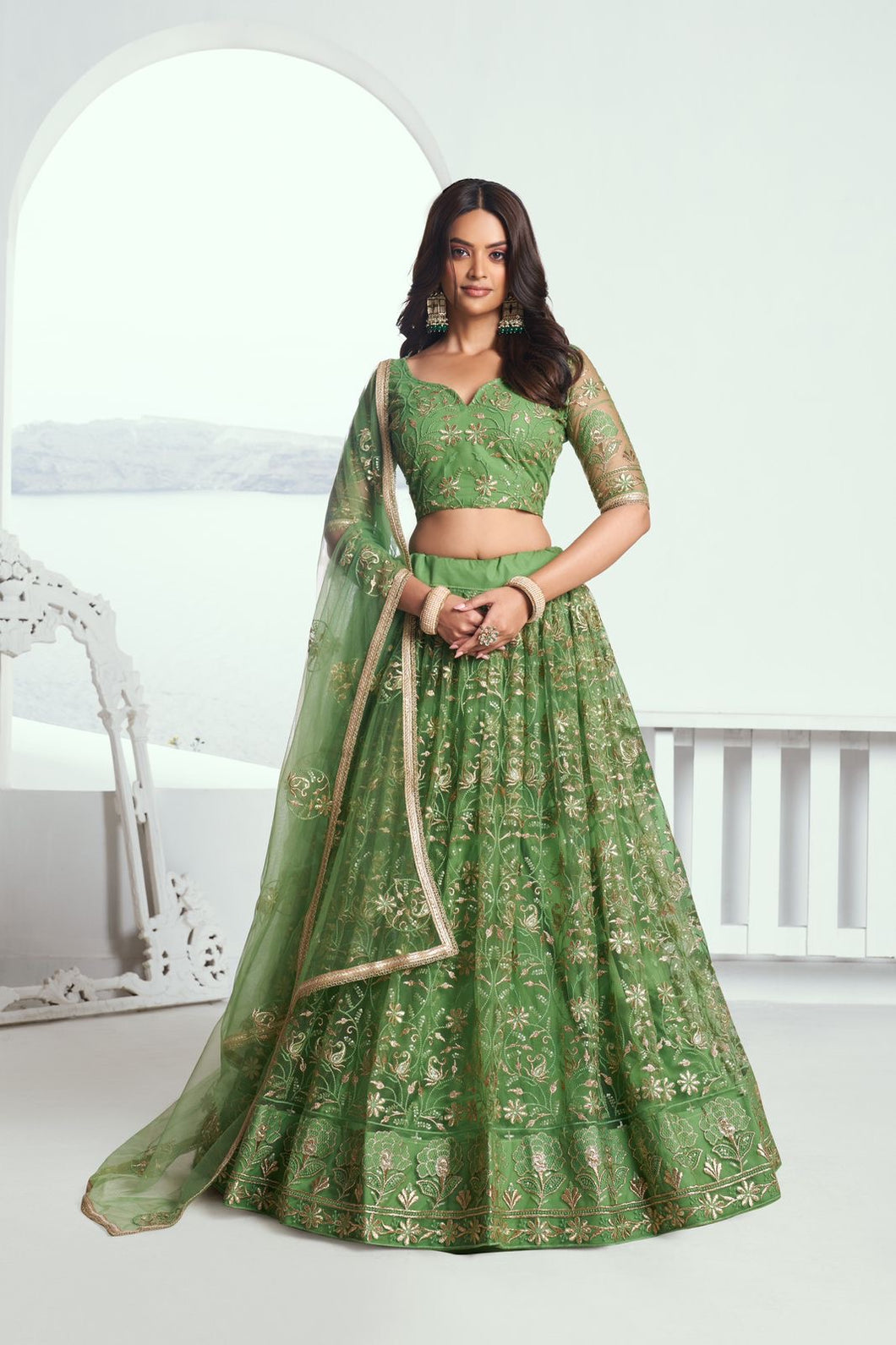 Pista green butterfly net Lehenga