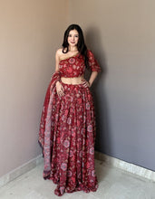 Stylish one shoulder red floral printed lehenga