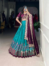 Tussar silk traditional Lehenga multi floral border in firozi (skirt stitched)