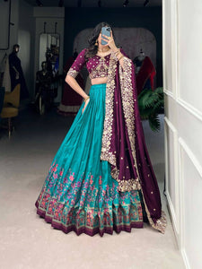 Tussar silk traditional Lehenga multi floral border in firozi (skirt stitched)