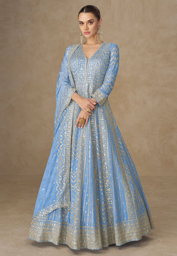 Sky blue chinon silk embroidered anarkali