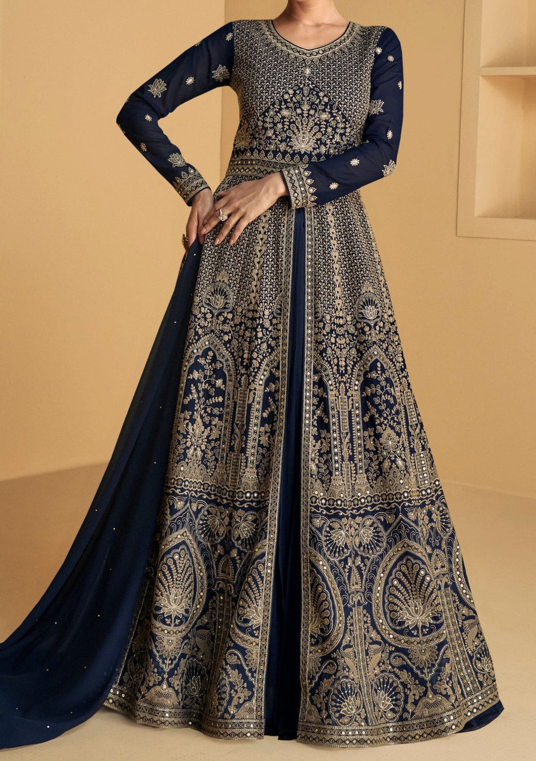 Navy blue partywear front slit Georgette anarkali