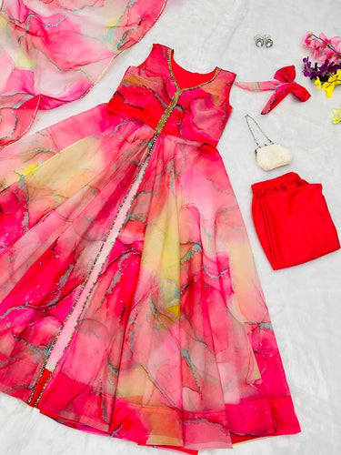Abstract front slit with pants anarkali in bright red - readymade