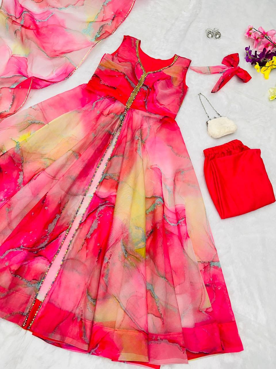 Abstract front slit with pants anarkali in bright red - readymade