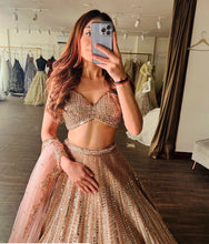 Peach French embroidered sequins and mirror work Lehenga