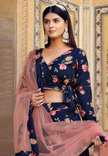 Navy blue floral silk Lehenga (skirt stitched)