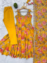 Yellow floral print kali cut anarkali suit
