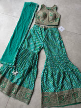 Green leheriya embroidered halter sharara (longer blouse)