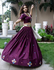 Purple cotton mirror work Lehenga