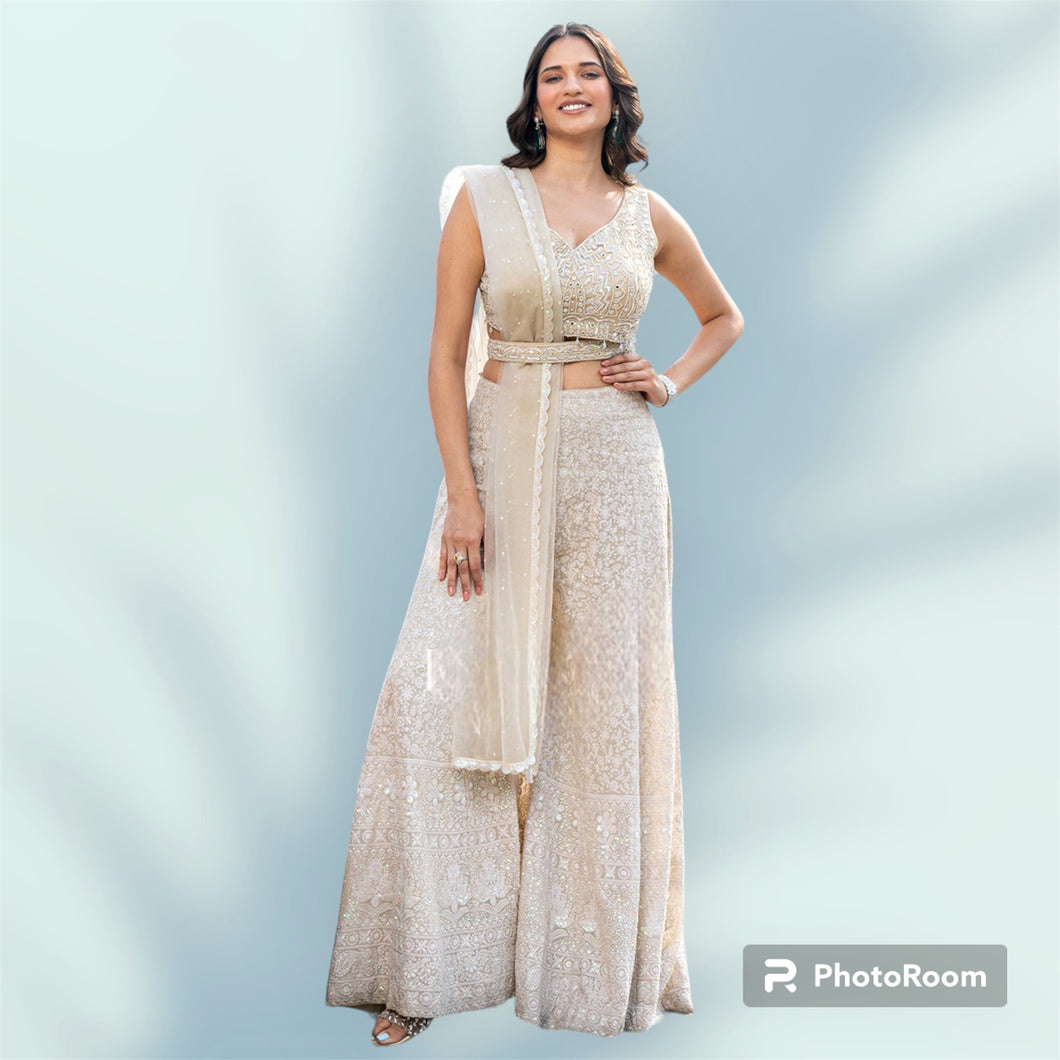 Off white crop top and palazzo with belt