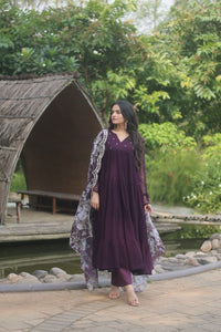 Alia cut readymade 4 layer salwaar kameez in rani/black and wine