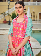 Bright pink embroidery and printed Dola silk gown