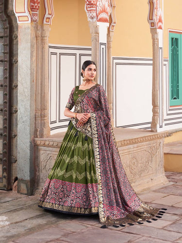 Tussar silk and ajrakh print Lehenga in green