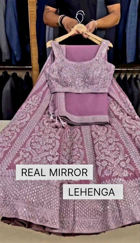 Pink and rose panelled mirror work Lehenga