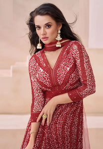 Janisha - maroon printed georgette anarkali suit readymade