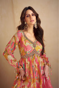 Ahana - multicoloured floral chinon mirror work anarkali