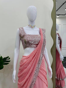 Light pink sequinned layered Lehenga saree