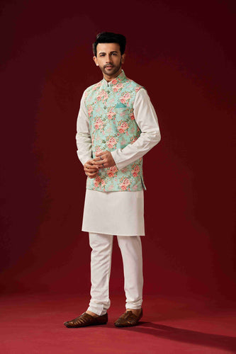 Menswear - mint green floral kurta set