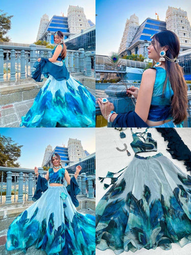 Peacock Feather Print Lehenga Choli Set with Ruffled Dupatta