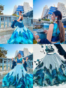 Peacock Feather Print Lehenga Choli Set with Ruffled Dupatta