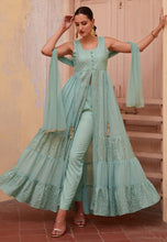 Sky blue georgette centre slit anarkali with pants