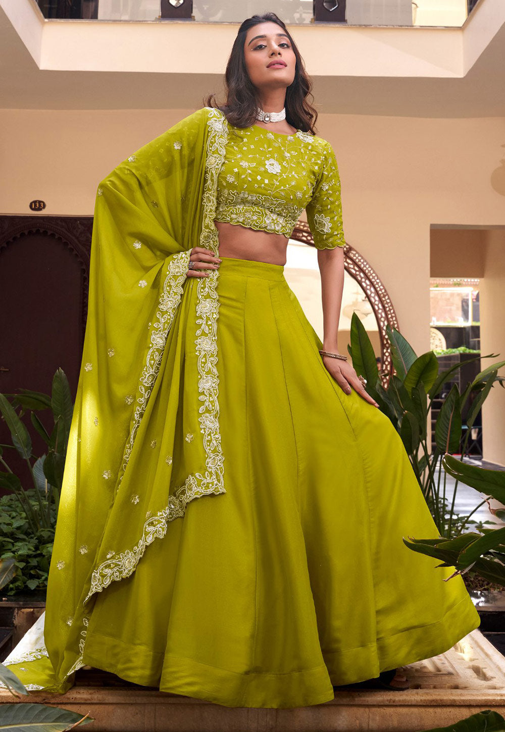 Parrot green Lehenga with pearl coding (skirt stitched)