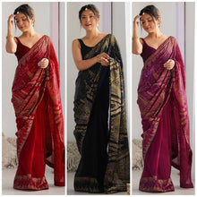 New sequence saree in black, red and wine