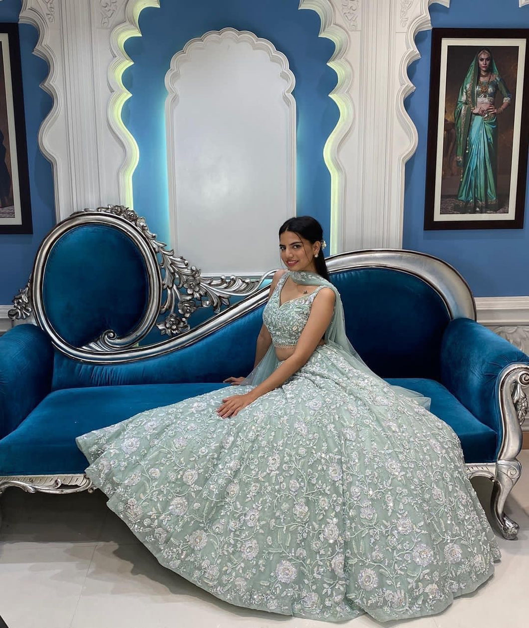 Mint green chine sequins Lehenga