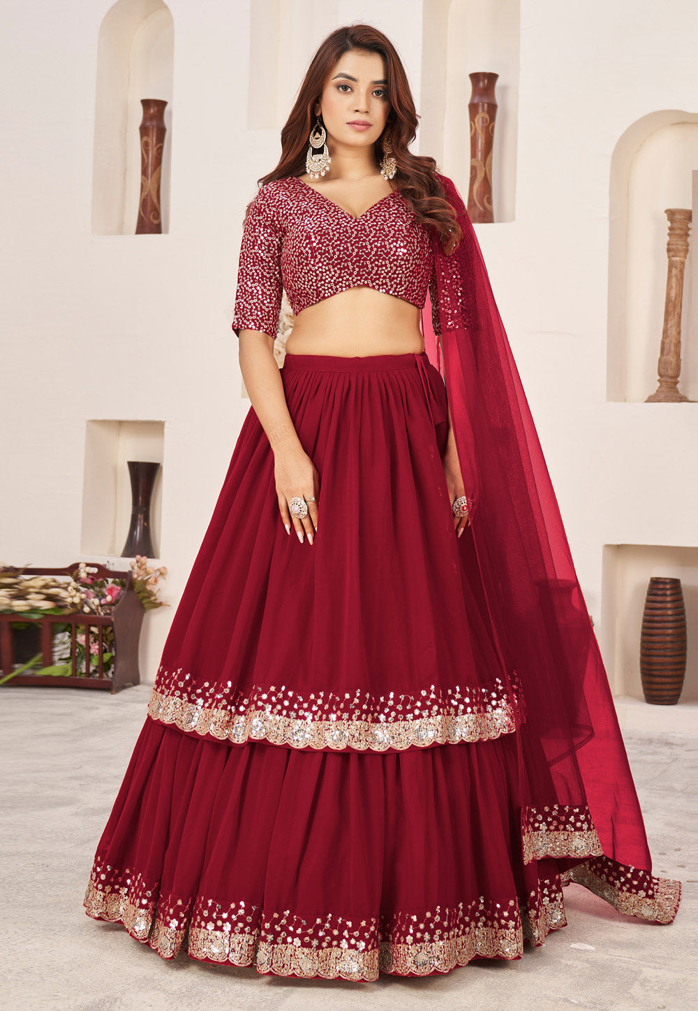 Red double layered georgette Lehenga